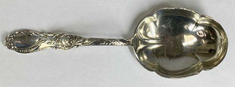 ART NOUVEAU STERLING SILVER SERVING SPOON in intricate Rouen pattern with Gorhan silver marks, 1892