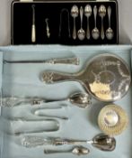 ASSORTED SILVER & PLATED ITEMS, including teaspoons, sugar tongs, button hook, hand mirror
