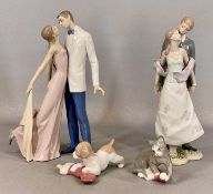 LLADRÓ / NAO FIGURINES, two dancing couples, 32cms (h) the tallest, puppy with sock, and kitten