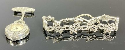 SILVER & MALACHITE FLORAL BRACELET with safety chain, and similar silver and malachite fob watch