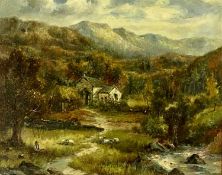 L. WAILIEN acrylic oil on canvas - mountainous cottage with figure and sheep in foreground