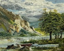 ALEX A. GILL oil on paper - river valley with boat in foreground