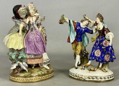 19TH CENTURY MEISSEN FIGURE GROUP, two ladies in classical dress, standing by floral encrusted urn