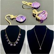 AMETHYST JEWELLERY, set in 9ct gold, including fringe necklace, 40cms (l), pair of drop earrings