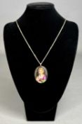 SILVER MOUNTED PORCELAIN PENDANT, hand painted portrait of girl with dove, hallmarked 1971