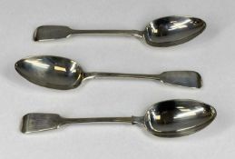 THREE ANTIQUE SILVER TABLESPOONS, Victorian pair, William Theobalds & Robert Metcalfe Atkinson