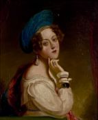 19TH CENTURY ENGLISH SCHOOL oil on board - half-length portrait of a young lady