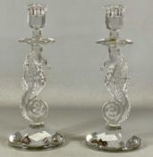 PAIR OF WATERFORD LEAD CRYSTAL SEAHORSE CANDLESTICKS, 30cms (h)