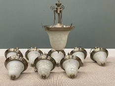 REPRODUCTION BRASS EFFECT & OPAQUE GLASS HANGING CEILING LAMPS, set of nine (+1 AF)