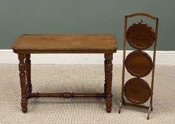 VICTORIAN MAHOGANY HALL TABLE, on turned supports and stretcher, 62 (h) x 89 (w) x 43cms (d)