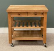 KITCHEN ISLAND / BUTCHER'S BLOCK, beech block type top, on castors, 89 (h) x 90 (w) x 61cms (d)