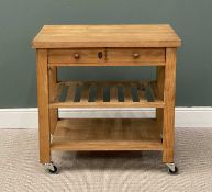KITCHEN ISLAND / BUTCHER'S BLOCK, beech block type top, on castors, 89 (h) x 90 (w) x 61cms (d)