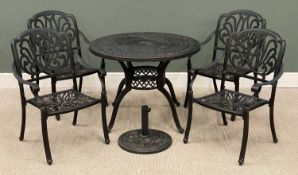 MODERN METAL GARDEN FURNITURE, including circular reticulated top table, 72 (h) x 99cms (diam.)