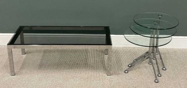 CONTEMPORARY CIRCULAR GLASS & CHROME COFFEE TABLES, nest of three, tallest 54(h) x 50cms (diam.)