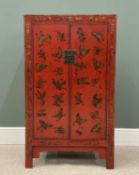 JAPANNED RED LACQUERED CABINET, butterfly decoration, 120 (h) x 70 (w) x 40cms (d)