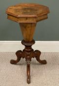 VICTORIAN BURR WALNUT OCTAGONAL WORKTABLE, compartmented interior, turned tripod supports