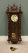 VINTAGE TWIN-WEIGHTED VIENNA CLOCK, enamelled dial, Roman numerals, crown/anchor GB mark, with key