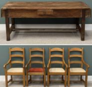 LARGE VINTAGE STAINED PINE TABLE, with end drawers, 81 (h) x 199 (w) x 80cms (d)