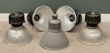 FOUR LARGE INDUSTRIAL PENDANT CEILING LAMPS, ribbed chrome effect shades, 53 (h) x 50cms (diam.)