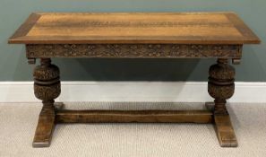19TH CENTURY OAK REFECTORY TABLE, carved apron and bulbous supports, 74 (h) x 151 (w) x 74cms (d)