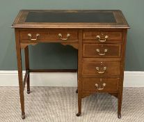 EDWARDIAN MAHOGANY KNEEHOLE DESK, tooled top, inlay detail, tapered supports, and castors
