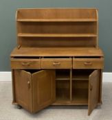 MID-CENTURY TEAK SIDEBOARD, in the manner of Ercol, labelled 'Priory', 131 (h) x 122 (w) x 50cms (d)