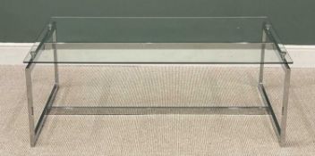 LARGE CONTEMPORARY GLASS & CHROME COFFEE TABLE, with chrome supports, 50 (h) x 140 (w) x 80cms (d)