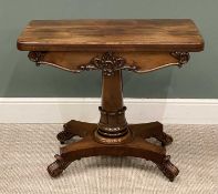 FINE VICTORIAN MAHOGANY FOLD-OVER GAMES TABLE, circular baize interior, quatrefoil base, castors