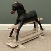 VINTAGE ROCKING HORSE, black vinyl covering, stripped pine base, 89 (h) x 101 (w) x 48cms (d)