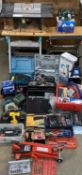 LARGE PARCEL OF GARAGE & GARDEN TOOLS, including power tools, folding benches, toolboxes, trolley