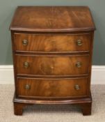 REPRODUCTION MAHOGANY NARROW THREE-DRAWER CHEST, bow fronted, on bracket feet