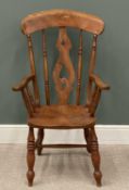 ANTIQUE OAK FARMHOUSE ELBOW CHAIR, spindle and splat back, 114 (h) x 64 (w) x 48cms (d)