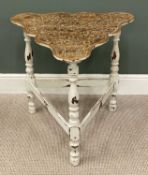 INTERESTING MARQUETRY TOP SIDE TABLE, triangle form, turned supports, 70 (h) x 75 (w) x 66cms (d)