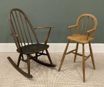 ERCOL HOOPED & SPINDLE BACK ROCKING CHAIR, and a similar style child's highchair