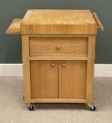KITCHEN ISLAND / BUTCHER'S BLOCK, with side rail and slider, on castors, 89 (h) x 76 (w) x 68cms (d)