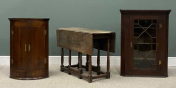 TWO CORNER CUPBOARDS, Victorian bowfront wall hanging corner cupboard, 94 (h) x 65 (w) x 49cms (d)