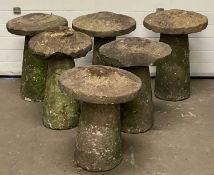 SIX VINTAGE MUSHROOM STADDLE STONES, 73 (h) x 53cms (diam.)