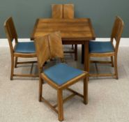 MID-CENTURY DRAW LEAF DINING SUITE, table 76 (h) x 76/138 (w) x 85cms (d), four similar style chairs