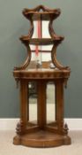 VICTORIAN WALNUT MIRROR-BACK CORNER SIDEBOARD of three ornate tiers, 170 (h) x 72 (w) x 55cms (d)