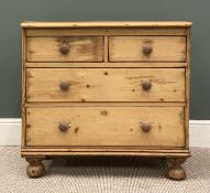 ANTIQUE PINE CHEST OF DRAWERS, turned knobs, on bun feet, 79 (h) x 84 (w) x 45cms (d)