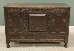 JACOBEAN CARVED OAK MULE CHEST, 82 (h) x 124 (w) x 52cms (d)