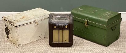 TWO VINTAGE TIN TRUNKS, the largest 43 (h) x 66 (w) x 43cms (d), and vintage wireless radio
