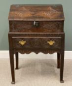 18TH CENTURY OAK BIBLE BOX-ON-STAND, with sloped lift top, carved detail throughout