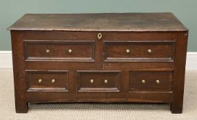 18TH CENTURY OAK CHEST with five fielded panels, brass knobs, 'LH' carved, interior candle box
