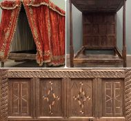PLAS TEG HOUSE CONTENTS: ANTIQUE OAK FOUR POSTER BED, with inlay and carved panelled headboard