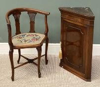 EDWARDIAN MAHOGANY INLAID CORNER CHAIR, with tapestry upholstered seat, 75 (h) x 60 (w) x 42cms (d)