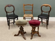 TWO ANTIQUE RISE & FALL MUSIC STOOLS, and three vintage chairs