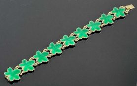 MEKA SILVER GILT & GREEN ENAMEL LEAF DESIGN 9 PANEL BRACELET, 1960s, 17.5cms (l)