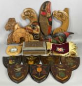 ASSORTED COLLECTABLES, including seven French heraldic shields, 22 x 17cms, Anglo-Indian carved