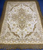 TWO DERVISH INTERNATIONAL SPANISH WOOL BEDCOVERS, cream / yellow floral pattern with tassel borders